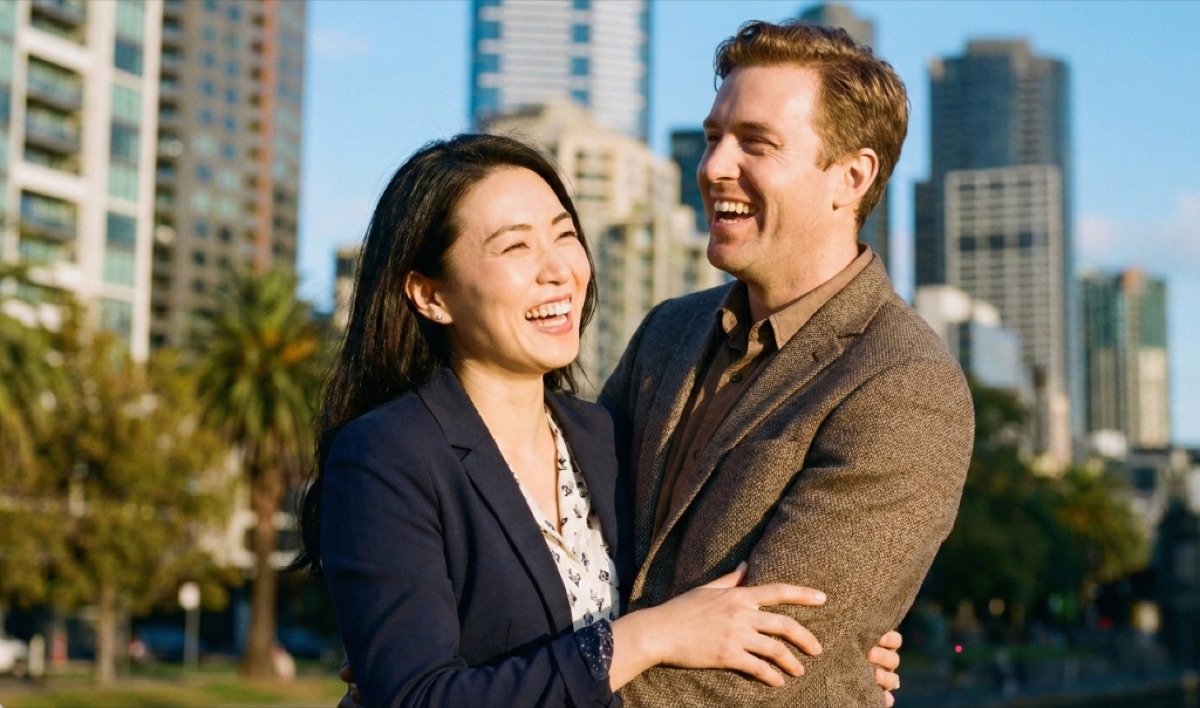 Happy multicultural couple in Melbourne celebrating partner visa approval